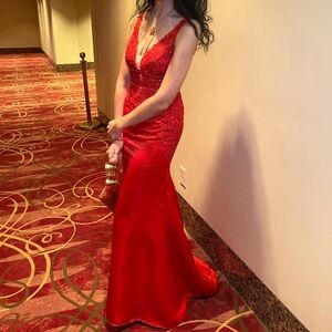 JJs House Red trumpet/mermaid satin dress with sequins and beads